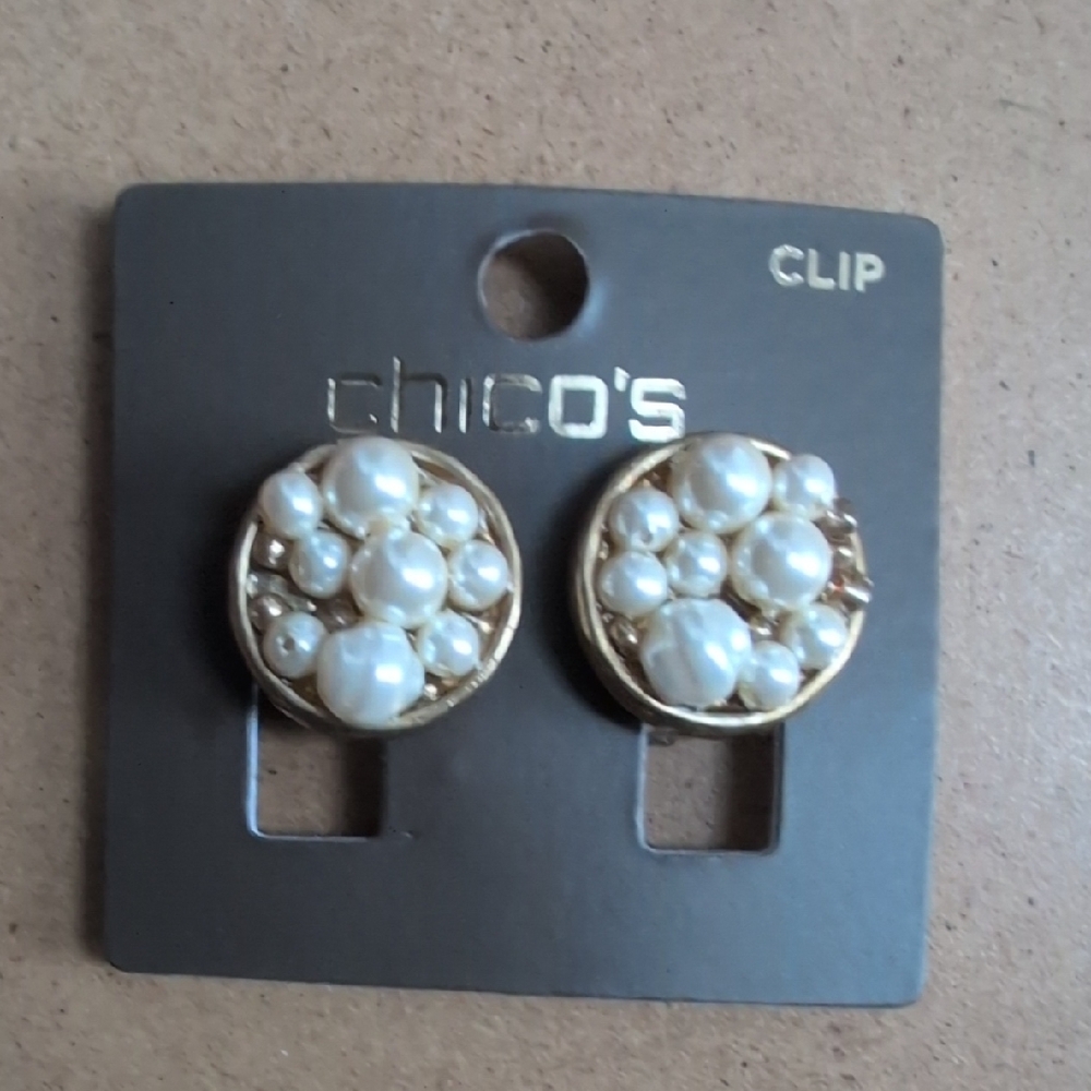 Chico's Gold-Tone Faux Pearl Cluster Clip Earrings - Cream Pearls